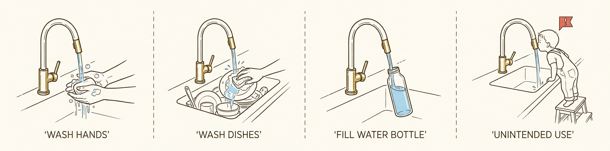 The same faucet used in four contexts: wash hands, wash dishes, fill water bottle, unintended use (child drinking from spout)
